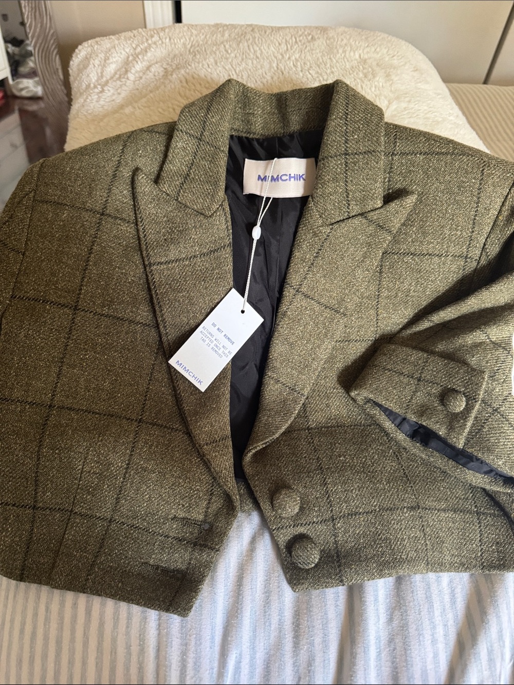 Mimchik Olive Green Windowpane Wool Blend Cropped Blazer
